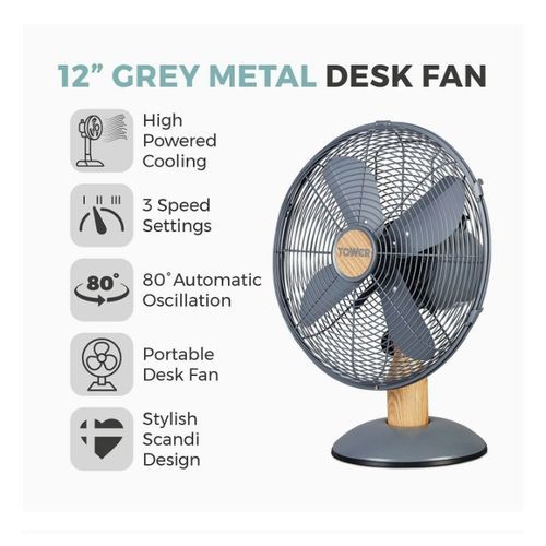 SCANDI 12 Inch Metal Desk Fan With Wood Accents
