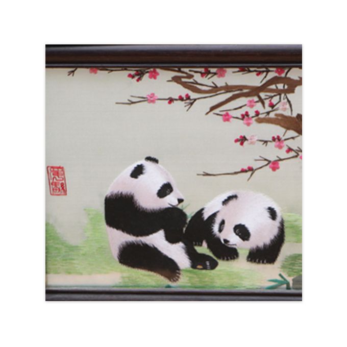 Shu Embroidery Giant Panda Pictures-Square White With Brown Ornaments Intangible Cultural Heritage