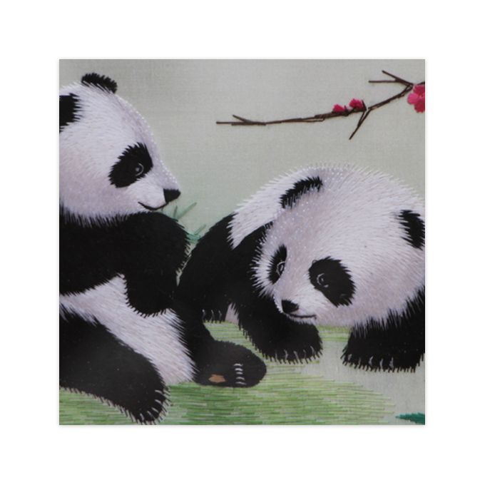 Shu Embroidery Giant Panda Pictures-Square White With Brown Ornaments Intangible Cultural Heritage