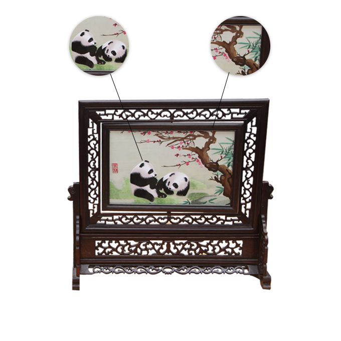 Shu Embroidery Giant Panda Pictures-Square White With Brown Ornaments Intangible Cultural Heritage