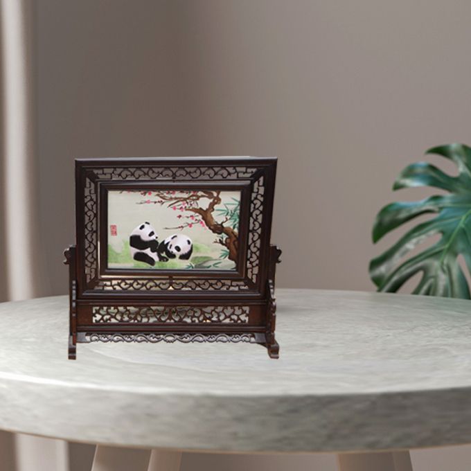 Shu Embroidery Giant Panda Pictures-Square White With Brown Ornaments Intangible Cultural Heritage