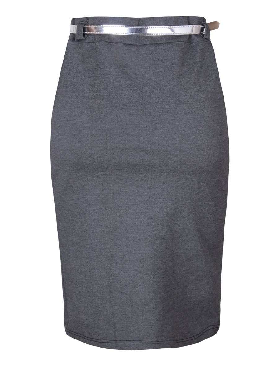 Fitted Bodycon Midi Skirt With Belt - Grey