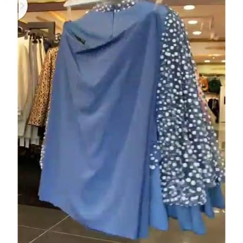Turkey Dotted Transparent Sleeves Skirt Suit - Sky-Blue