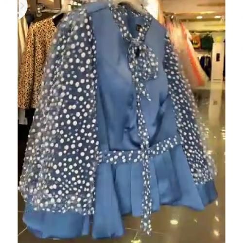 Turkey Dotted Transparent Sleeves Skirt Suit - Sky-Blue