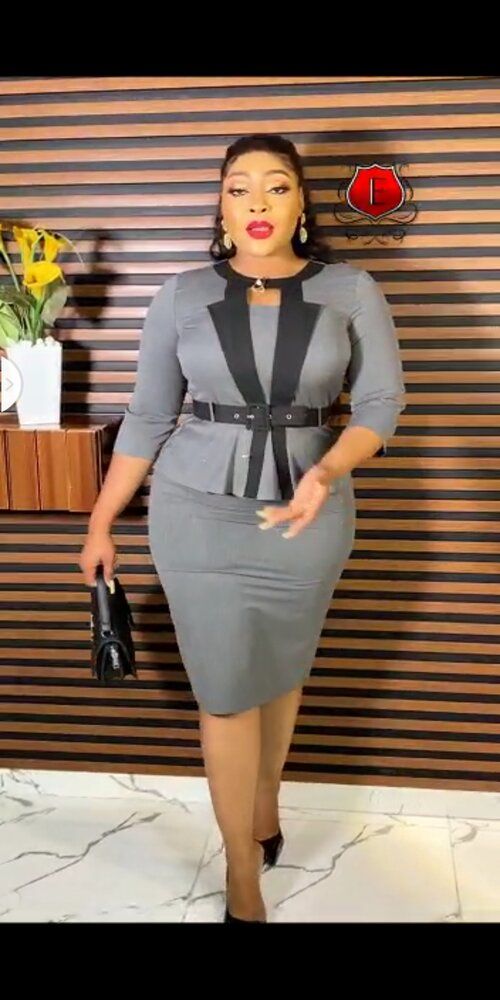 Turkey Contrast Lapel With Front Peplum Dress With 3/4 Sleeve- GREY
