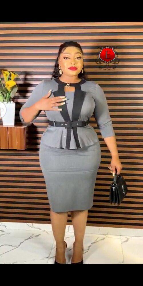 Turkey Contrast Lapel With Front Peplum Dress With 3/4 Sleeve- GREY