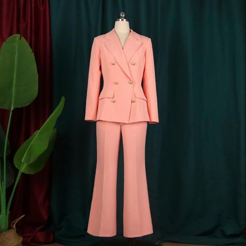 Women Blazer Sets Buttons White Wide Leg Pant Suits Fashion Pink
