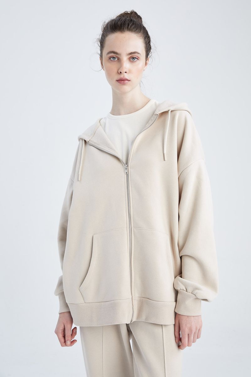 Woman - Hooded Oversize Fit Knitted Cardigan-Beige