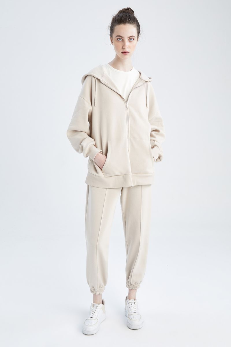 Woman - Hooded Oversize Fit Knitted Cardigan-Beige
