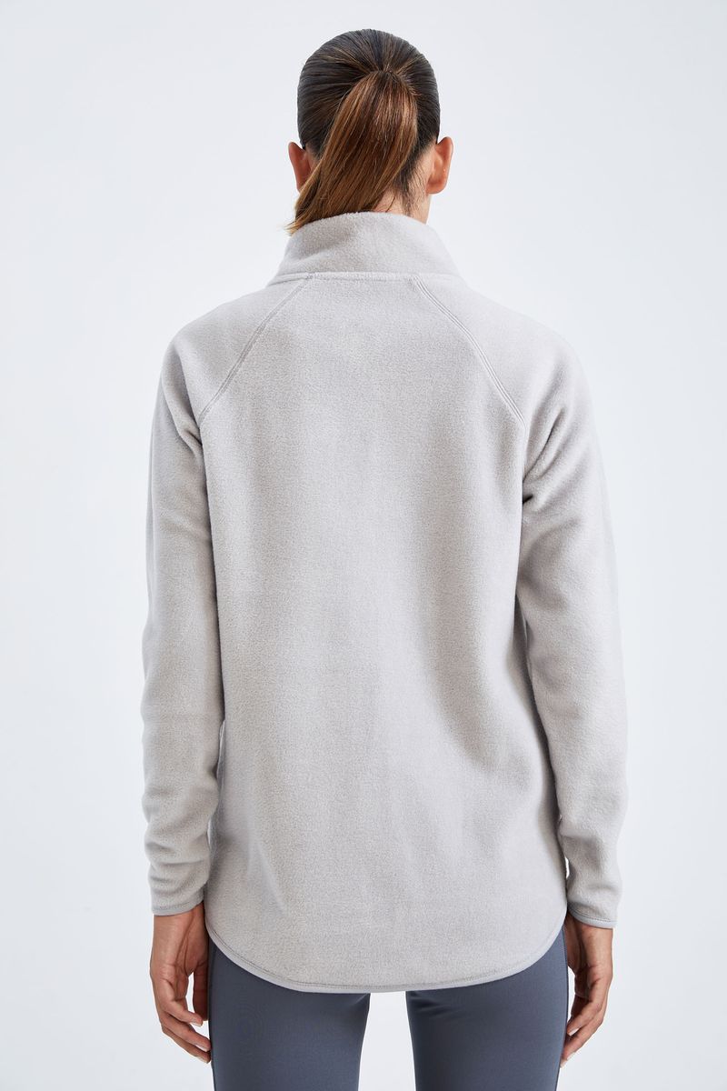 Woman Relax Fit Mock Neck Knitted Cardigan-Grey