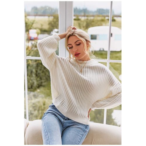 Women Knit Crew Neck Drop Shoulder Long Lantern Sleeve Sweater Top -White