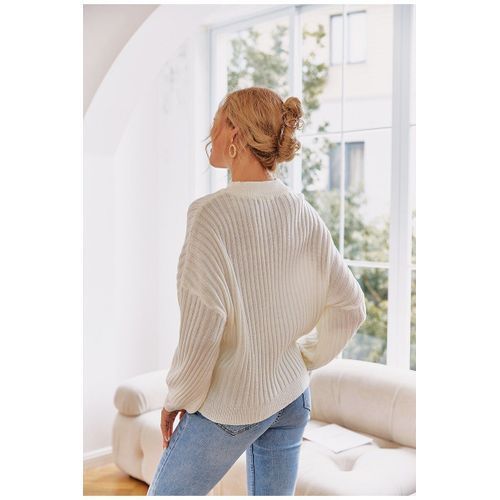 Women Knit Crew Neck Drop Shoulder Long Lantern Sleeve Sweater Top -White