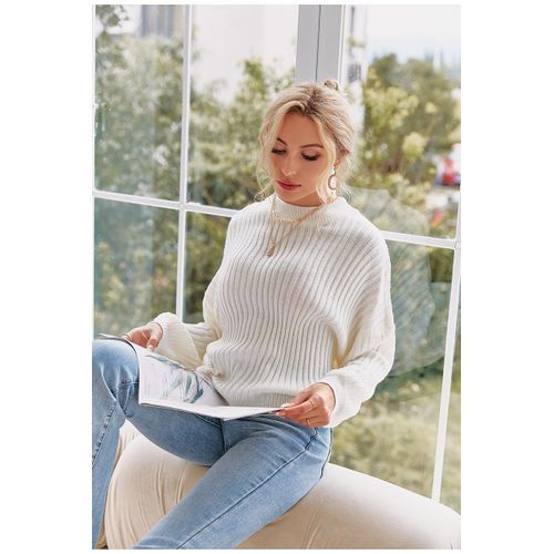 Women Knit Crew Neck Drop Shoulder Long Lantern Sleeve Sweater Top -White