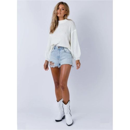 Women Knit Crew Neck Drop Shoulder Long Lantern Sleeve Sweater Top -White