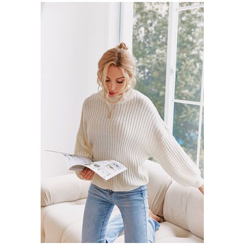 Women Knit Crew Neck Drop Shoulder Long Lantern Sleeve Sweater Top -White