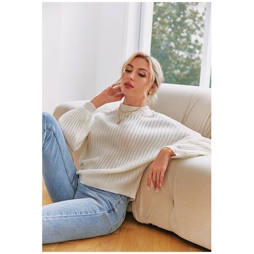 Women Knit Crew Neck Drop Shoulder Long Lantern Sleeve Sweater Top -White
