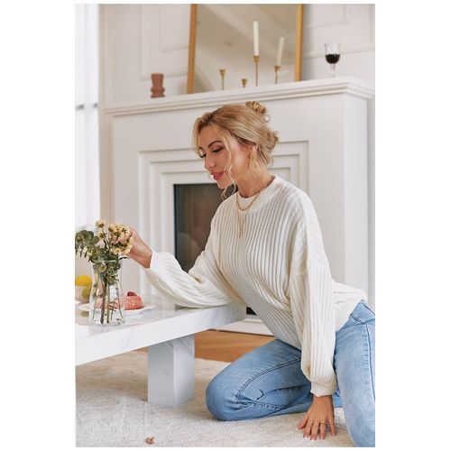 Women Knit Crew Neck Drop Shoulder Long Lantern Sleeve Sweater Top -White
