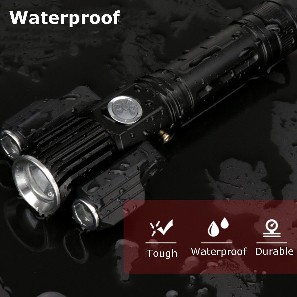 Multi-function USB Glare LED Three-head Flashlight Outdoor Waterproof Riding Direct Charger Black Stretch Zoom