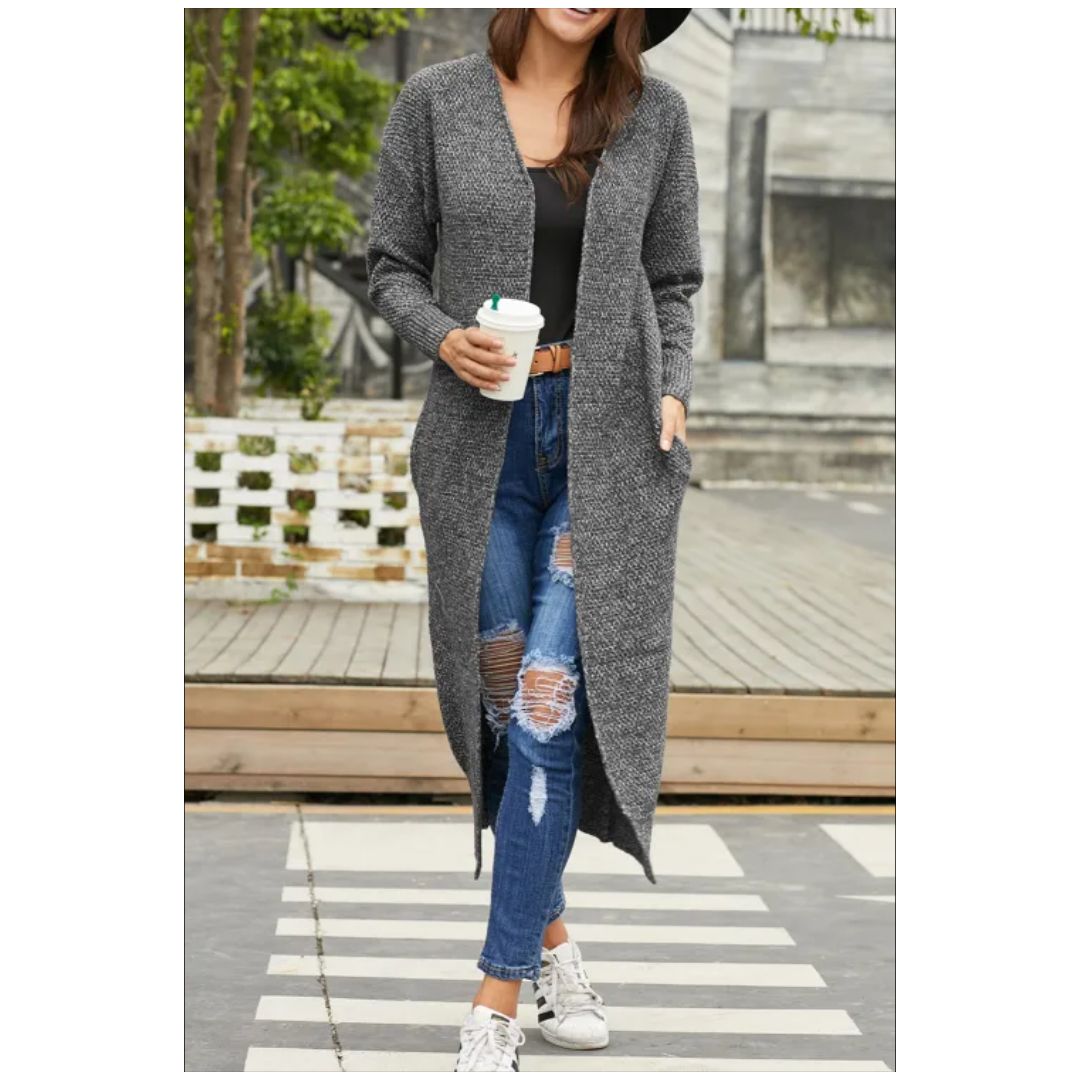 R Gray Open Front Knit Long Cardigan