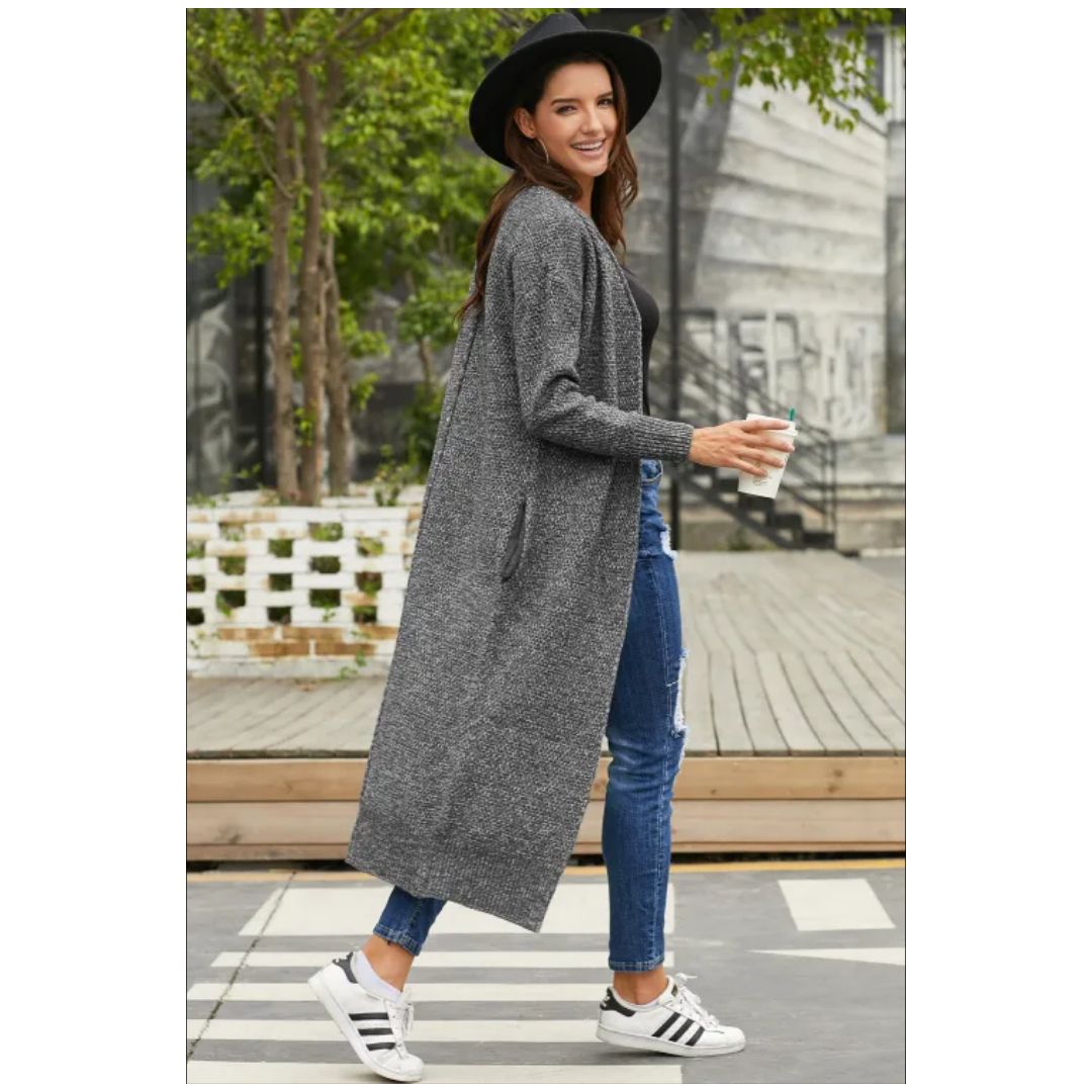 R Gray Open Front Knit Long Cardigan