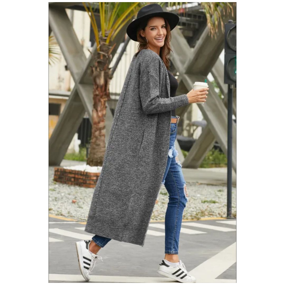R Gray Open Front Knit Long Cardigan