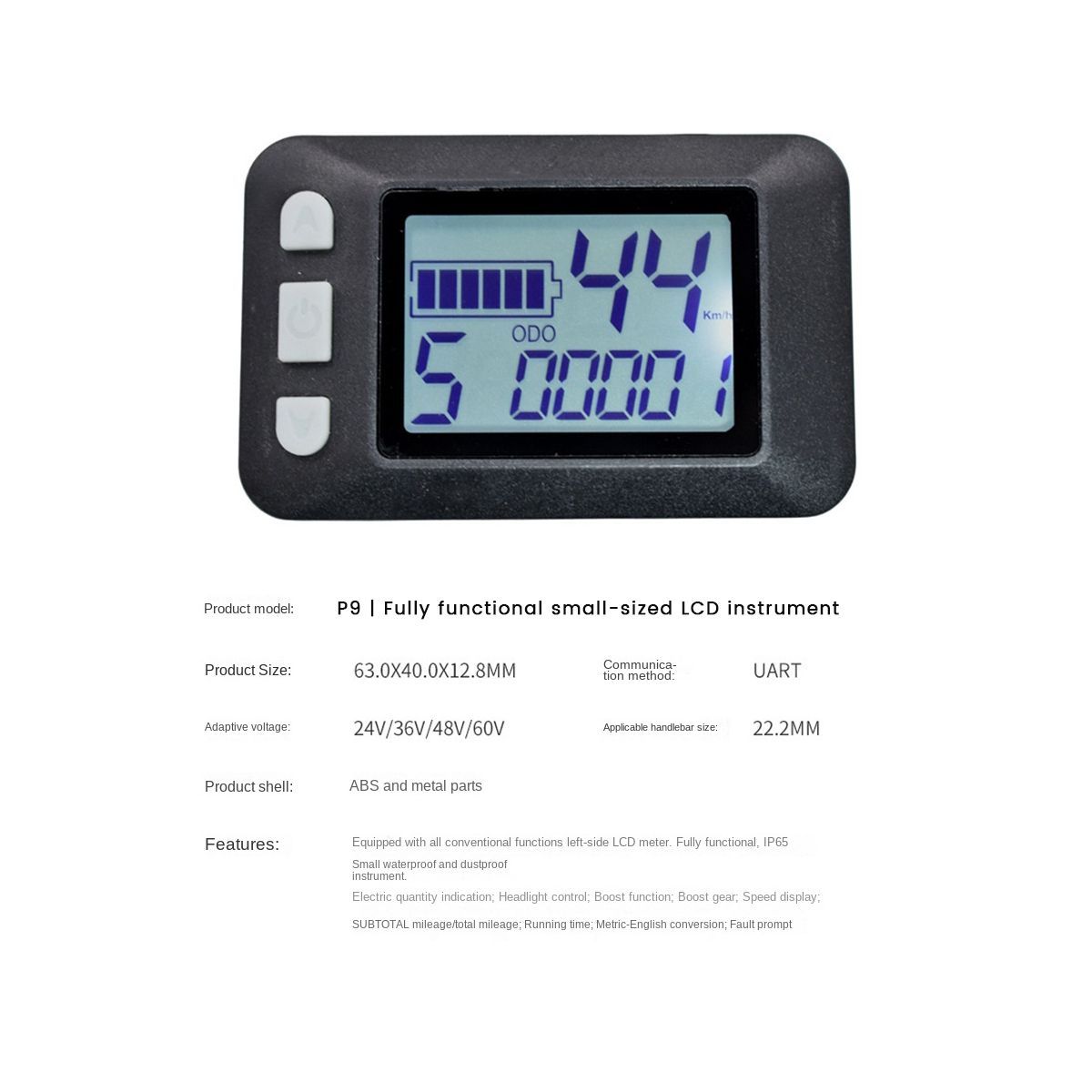 P9 LCD Display Dashboard Meter LCD Screen 24V 36V 48V 60V Electric Bike Meter for Electric Scooter LCD Display(5PIN)
