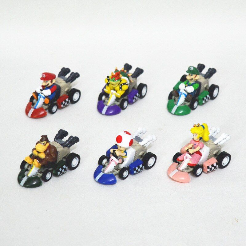 6pcs Set Four Wheel Drive Super Mario Bros Figure Kart PULL