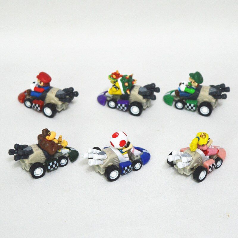 6pcs Set Four Wheel Drive Super Mario Bros Figure Kart PULL