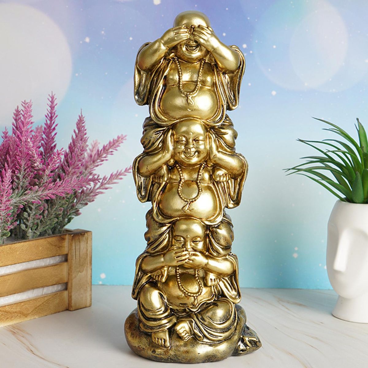 Golden Vertical Stack Resin Laughing Buddha Figurine For