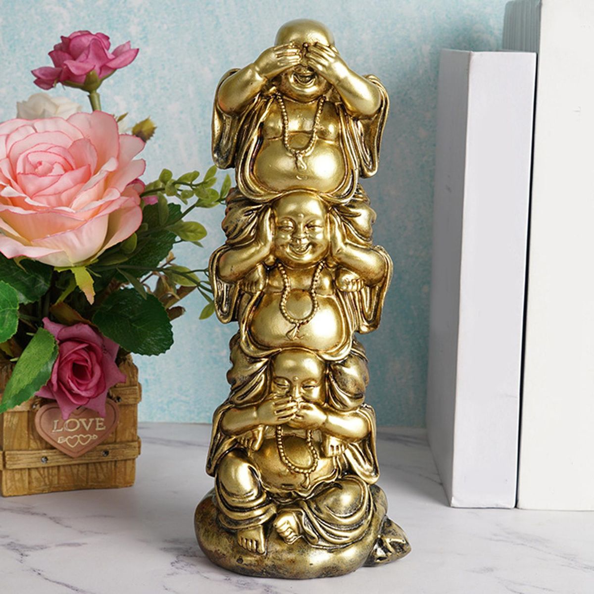 Golden Vertical Stack Resin Laughing Buddha Figurine For