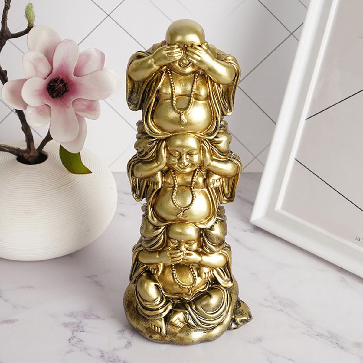 Golden Vertical Stack Resin Laughing Buddha Figurine For