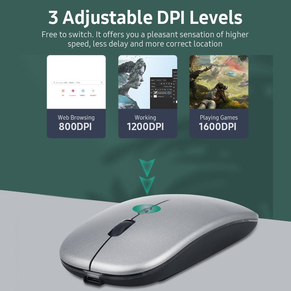 2.4G Wireless Rechargeable Mice Less Noise 3 Adjustable DPI