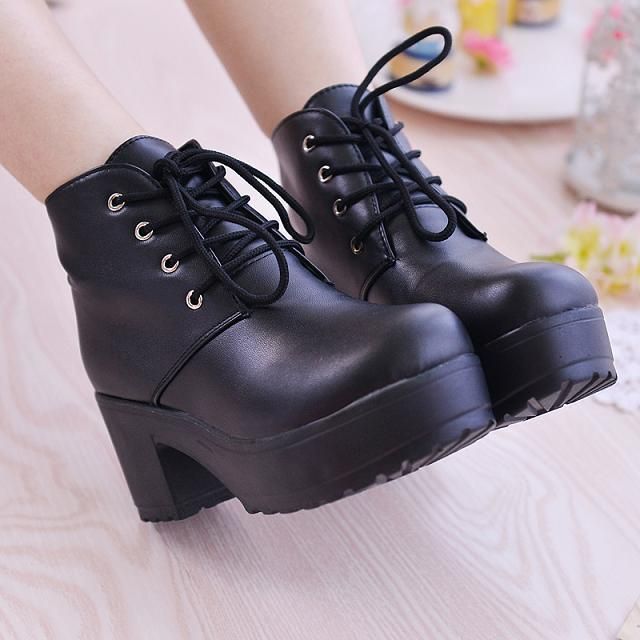 Modern Boots Women Platform Shoes Lace Up Pu Leater Shoes White Black Women Chunky Heels Shoes Woman Zapatos(#Black)