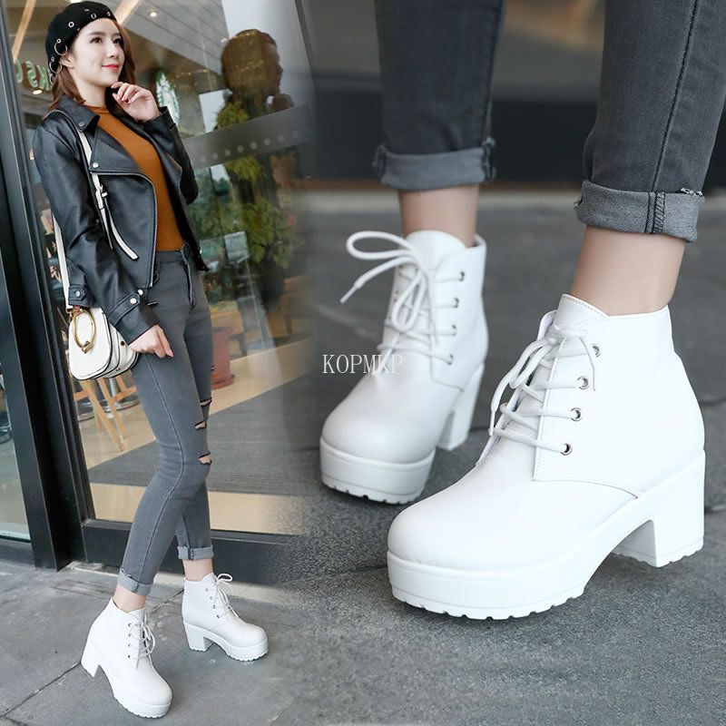 Modern Boots Women Platform Shoes Lace Up Pu Leater Shoes White Black Women Chunky Heels Shoes Woman Zapatos(#Black)