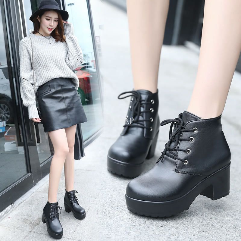 Modern Boots Women Platform Shoes Lace Up Pu Leater Shoes White Black Women Chunky Heels Shoes Woman Zapatos(#Black)