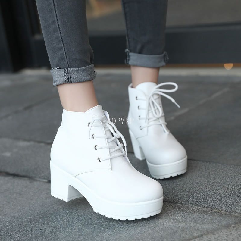 Modern Boots Women Platform Shoes Lace Up Pu Leater Shoes White Black Women Chunky Heels Shoes Woman Zapatos(#Black)