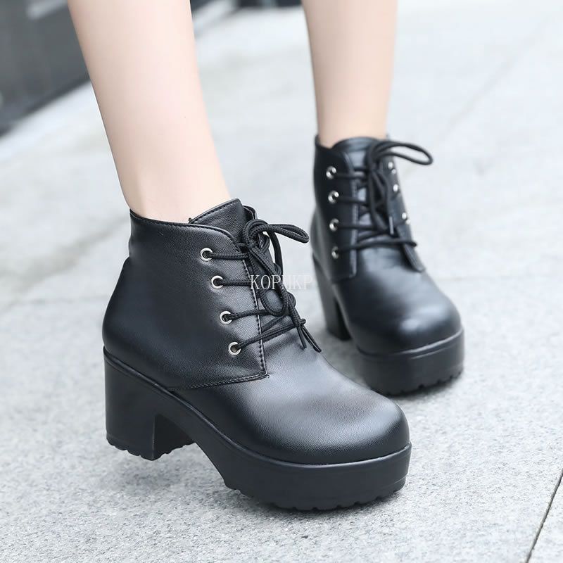 Modern Boots Women Platform Shoes Lace Up Pu Leater Shoes White Black Women Chunky Heels Shoes Woman Zapatos(#Black)