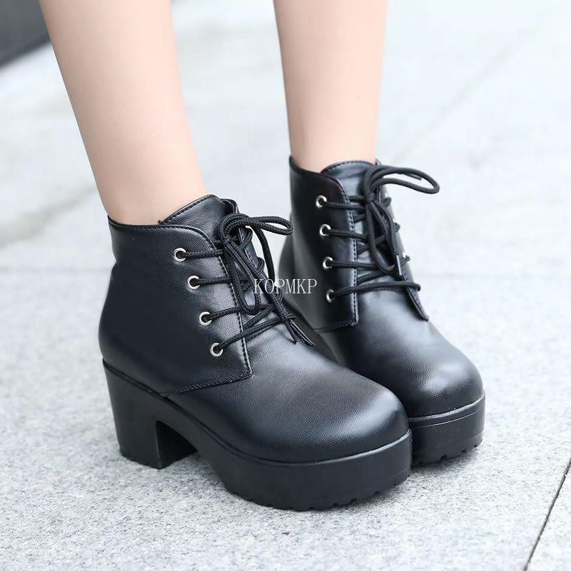 Modern Boots Women Platform Shoes Lace Up Pu Leater Shoes White Black Women Chunky Heels Shoes Woman Zapatos(#Black)