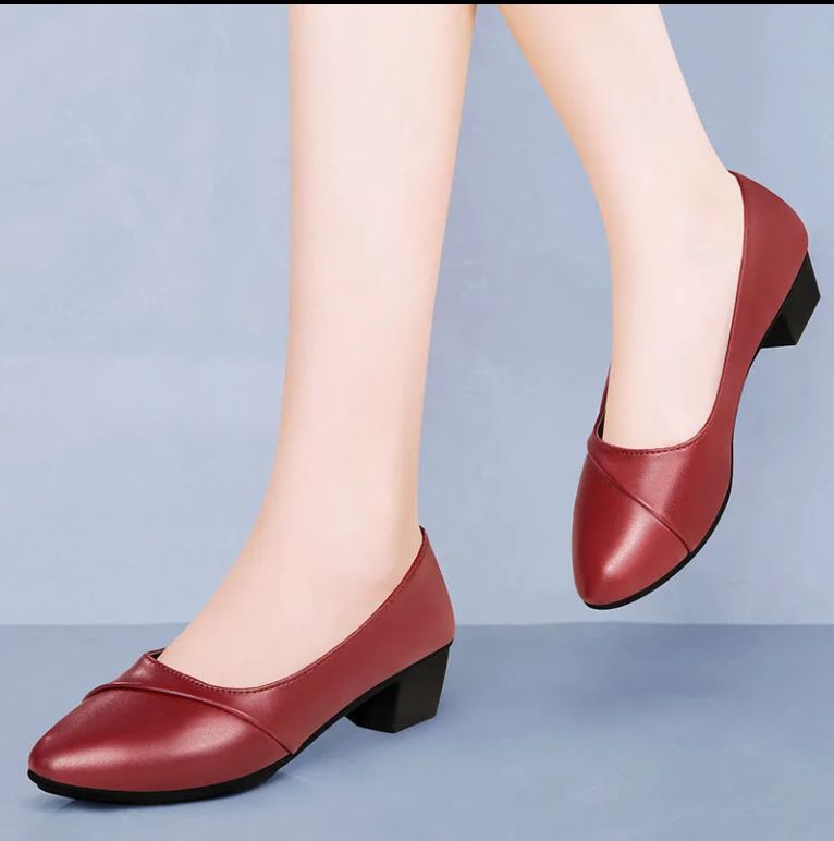 Ladies Fashion Thick Heel Work Shoes-Red