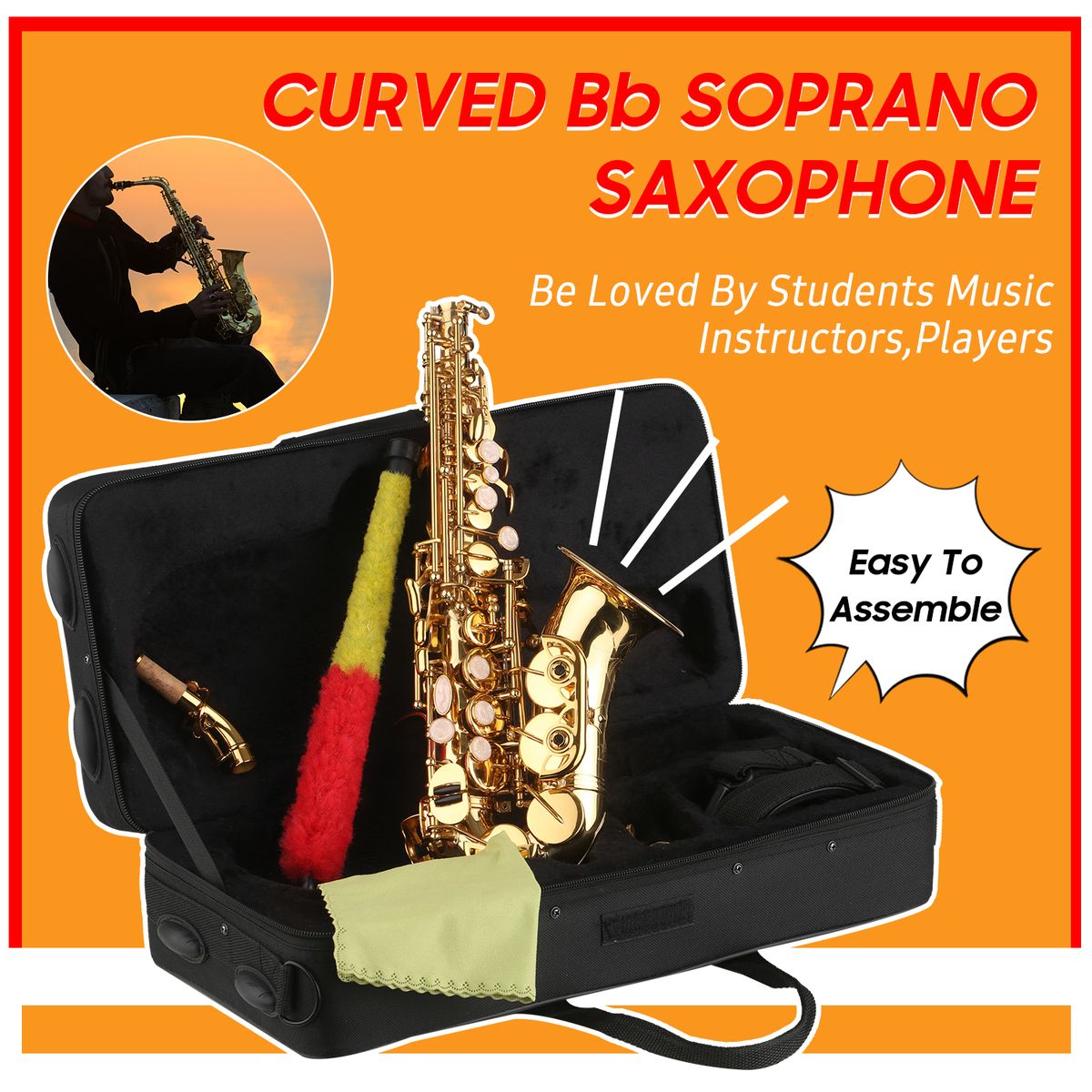 Bb Soprano Saxophone Gold Lacquer Brass Sax With Instrument