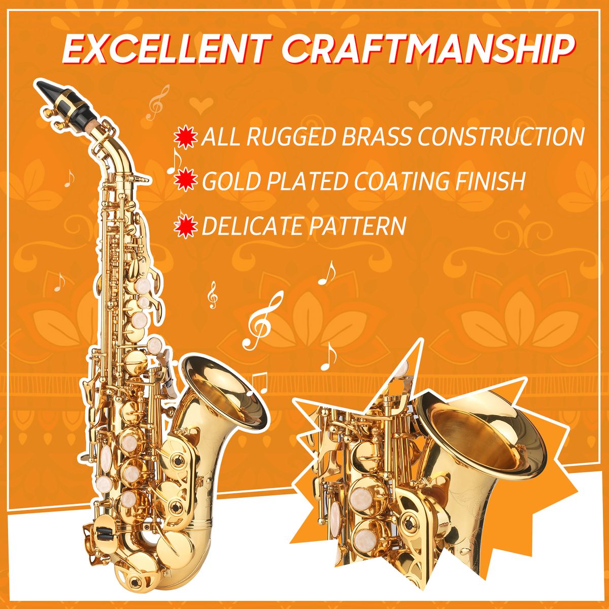 Bb Soprano Saxophone Gold Lacquer Brass Sax With Instrument
