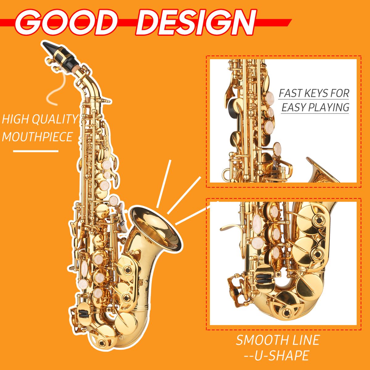 Bb Soprano Saxophone Gold Lacquer Brass Sax With Instrument