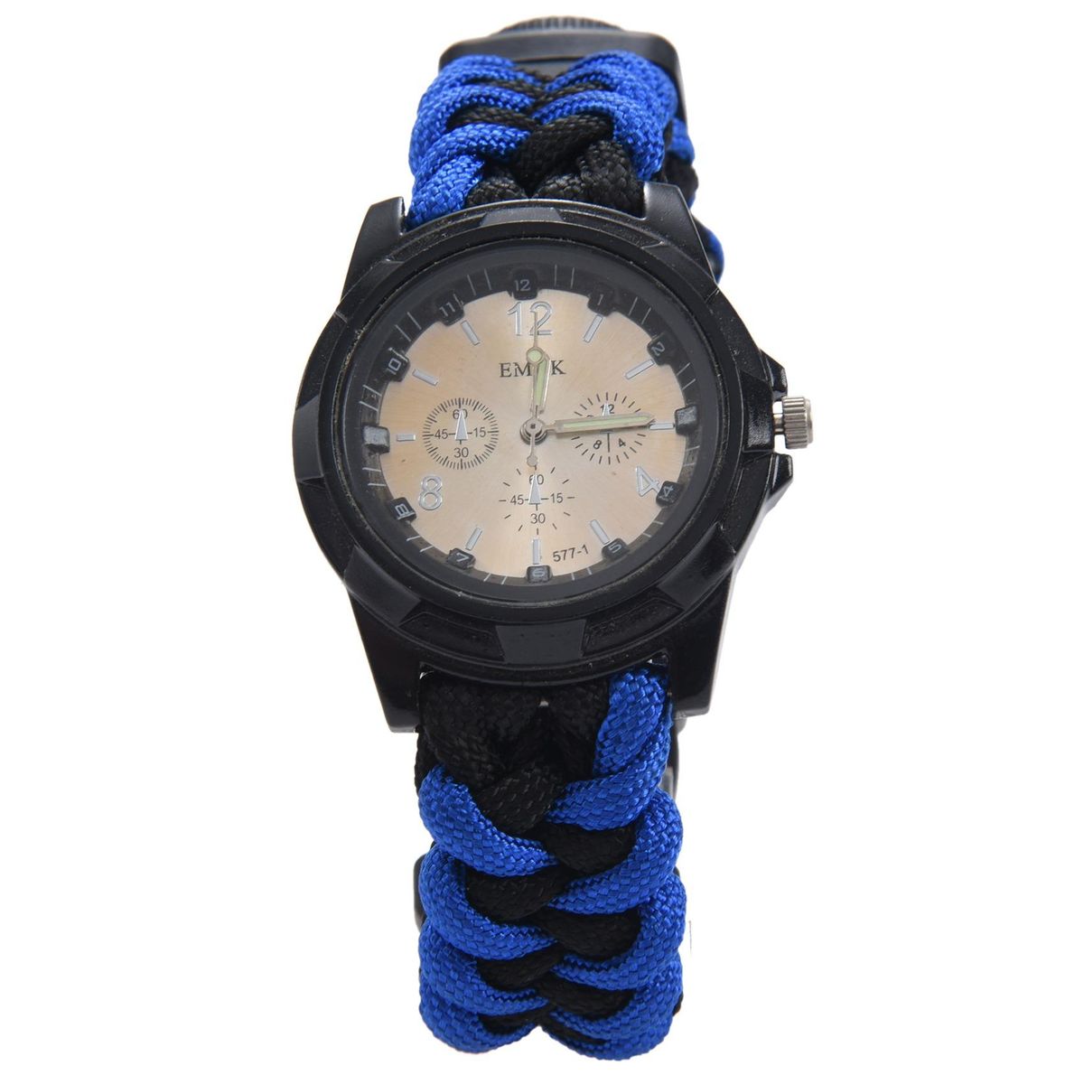 EMAK 7 in 1 multi-function outdoor sports first aid hand-woven bracelet umbrella rope camping hiking fashion watch accessories watch self-defense tool Blue Black