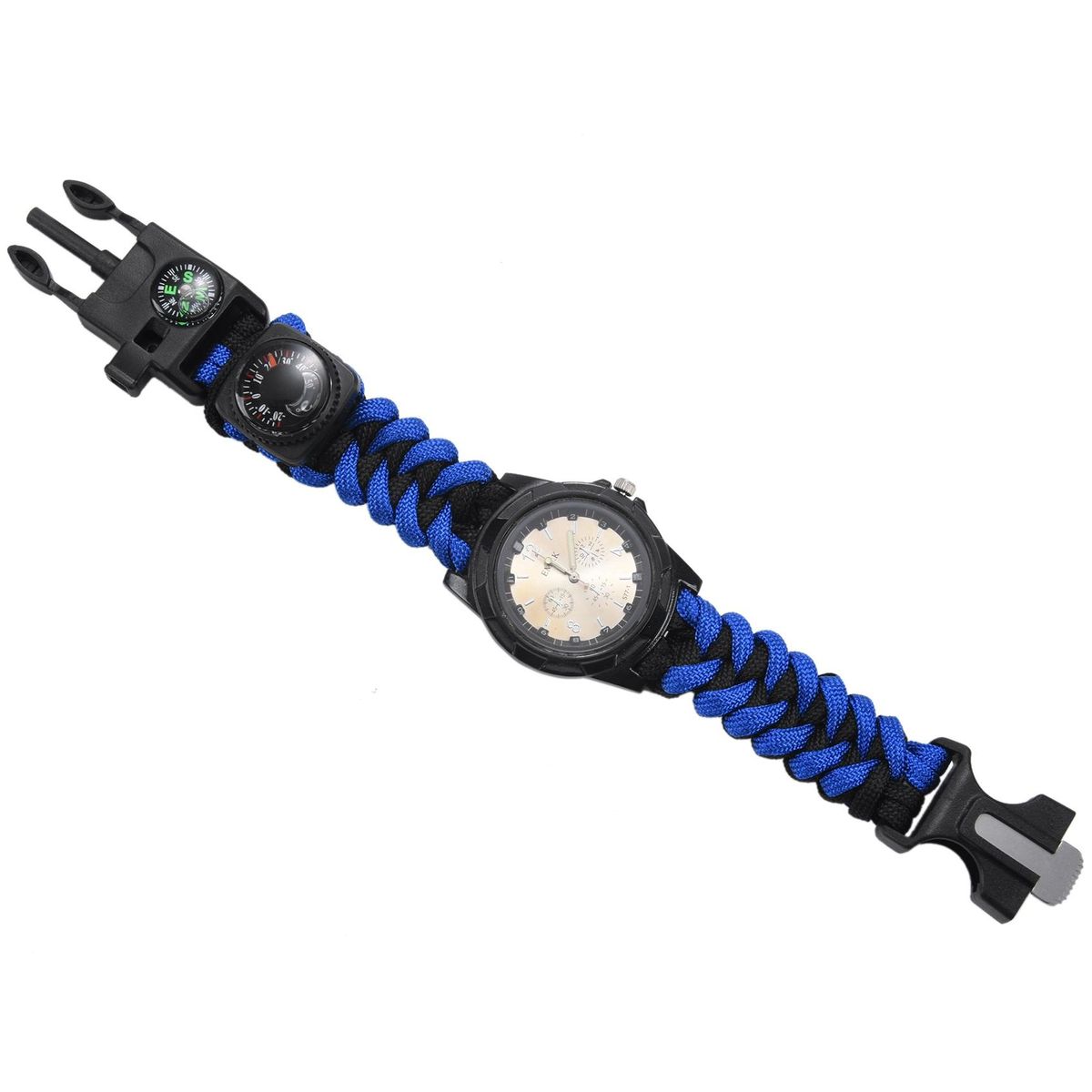 EMAK 7 in 1 multi-function outdoor sports first aid hand-woven bracelet umbrella rope camping hiking fashion watch accessories watch self-defense tool Blue Black