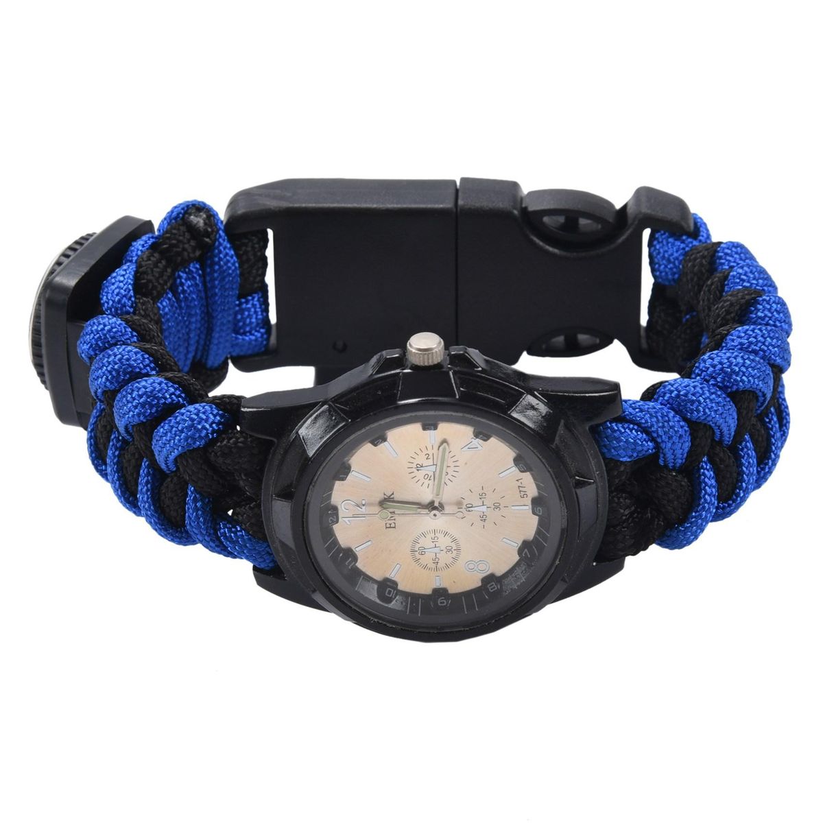 EMAK 7 in 1 multi-function outdoor sports first aid hand-woven bracelet umbrella rope camping hiking fashion watch accessories watch self-defense tool Blue Black