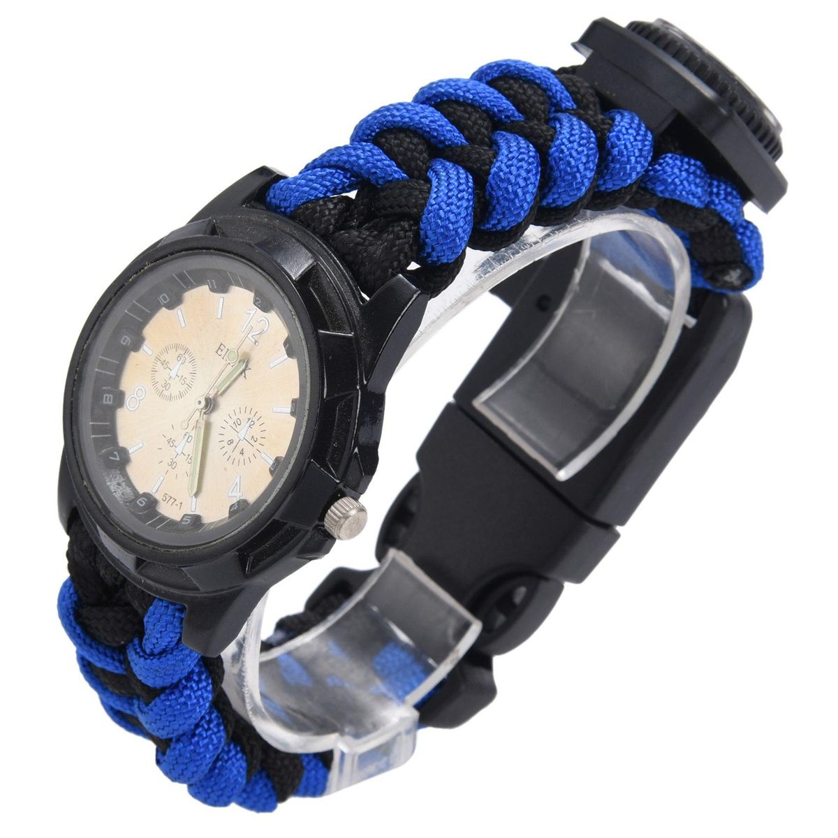 EMAK 7 in 1 multi-function outdoor sports first aid hand-woven bracelet umbrella rope camping hiking fashion watch accessories watch self-defense tool Blue Black