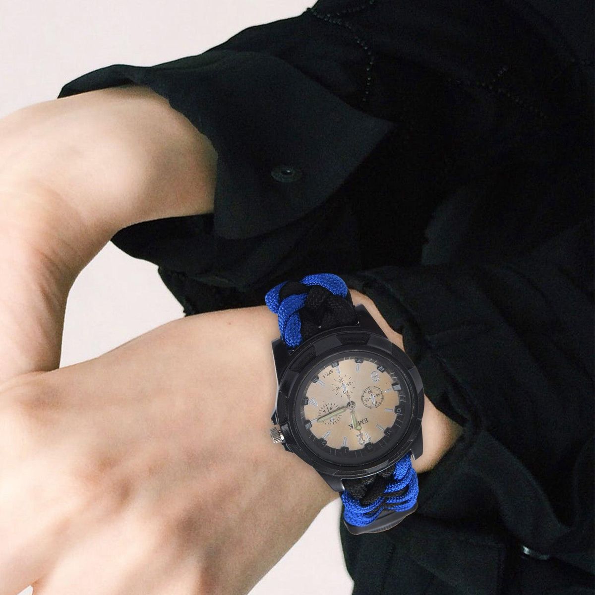 EMAK 7 in 1 multi-function outdoor sports first aid hand-woven bracelet umbrella rope camping hiking fashion watch accessories watch self-defense tool Blue Black