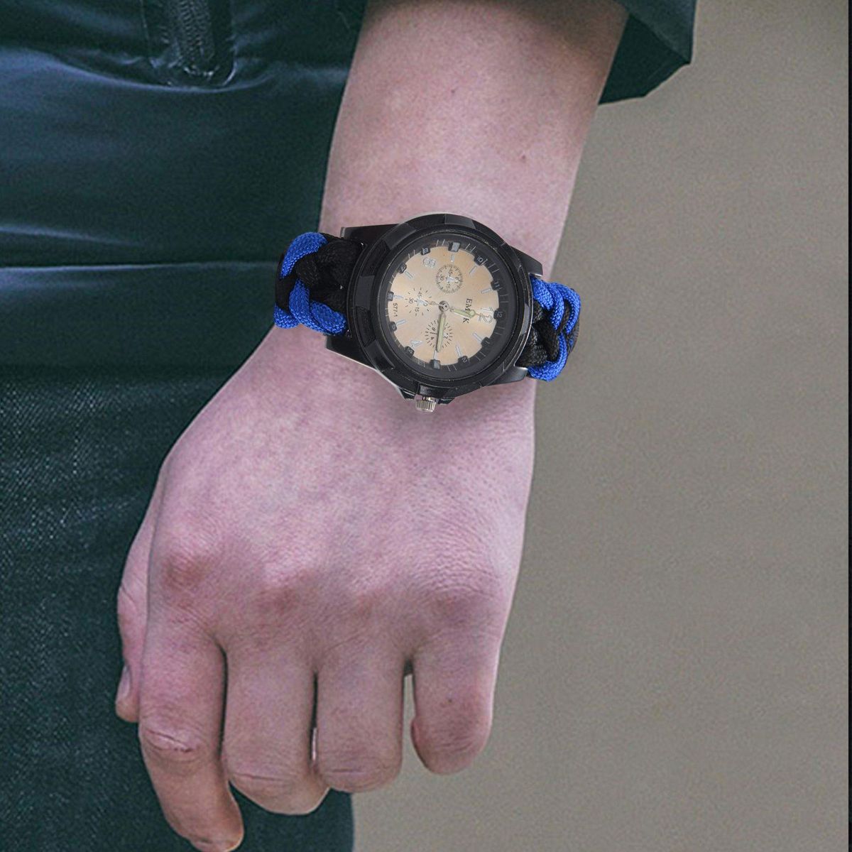EMAK 7 in 1 multi-function outdoor sports first aid hand-woven bracelet umbrella rope camping hiking fashion watch accessories watch self-defense tool Blue Black