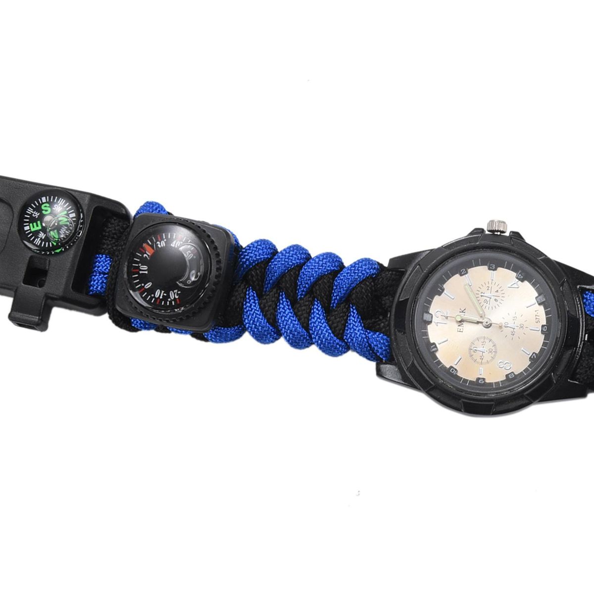 EMAK 7 in 1 multi-function outdoor sports first aid hand-woven bracelet umbrella rope camping hiking fashion watch accessories watch self-defense tool Blue Black