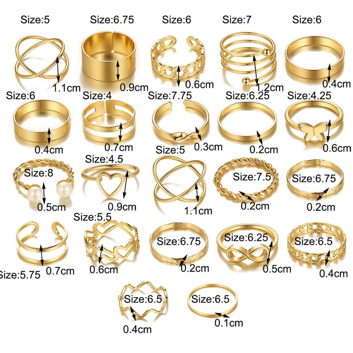 22PcsSet Finger Rings Hollowed-out Heart Decor Ladies Rings Golden
